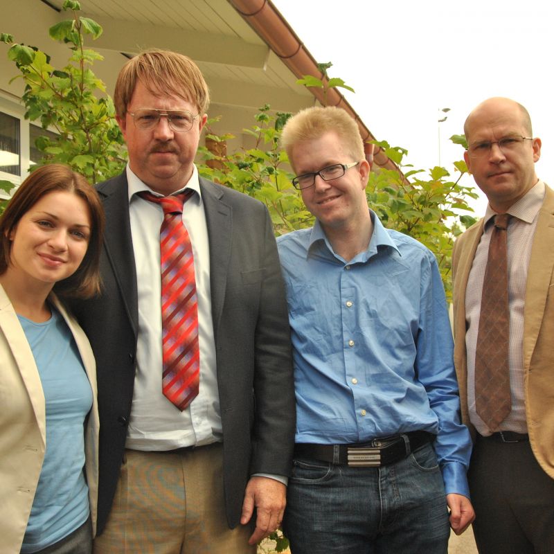2010-07-27: Rinnebäcksskolan, Kävlinge. Inspelning av Starke man. Från vänster: Claudia Galli, Anders Jansson, Michael Lindholm och Magnus Mark. Foto: Okänd